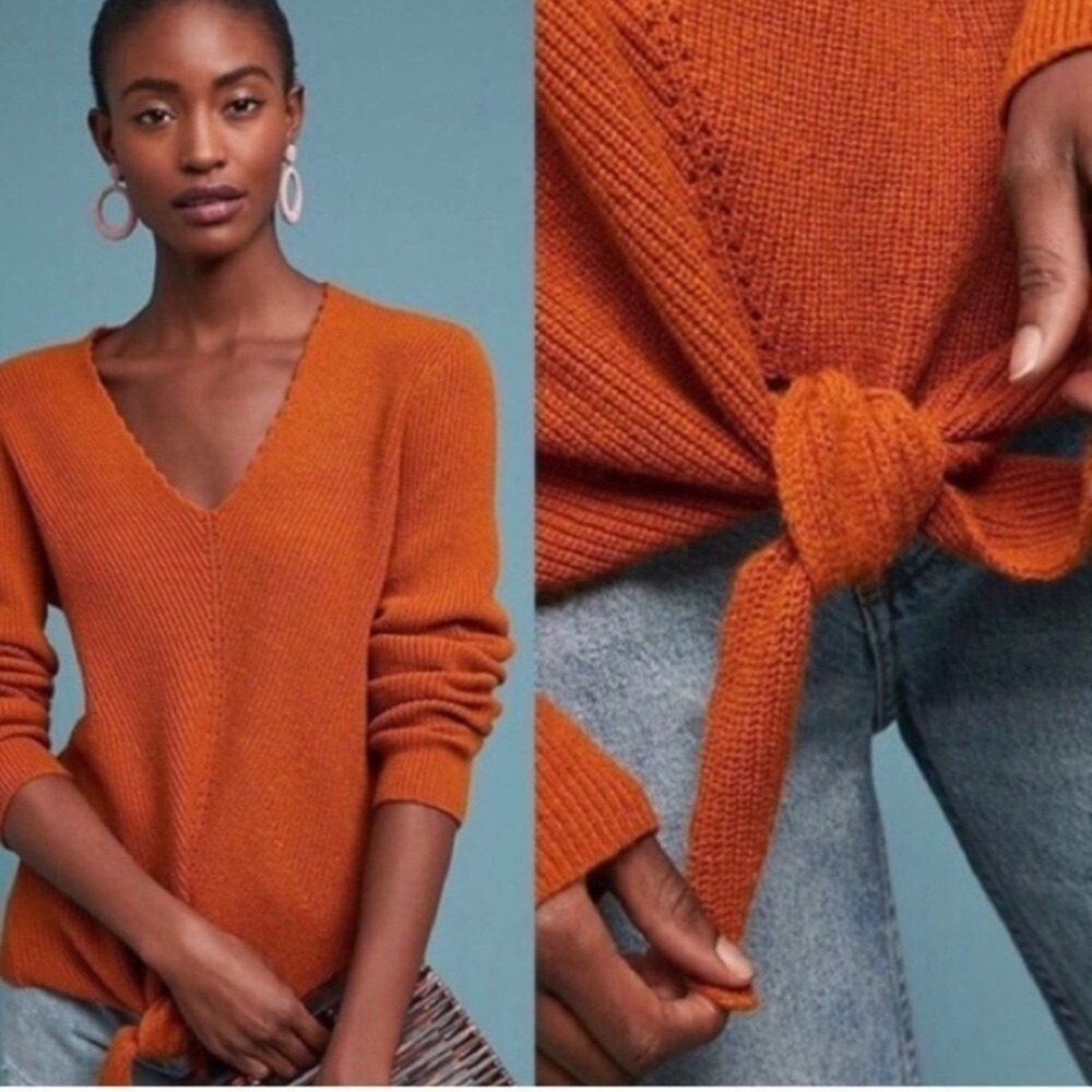 Anthropologie Moth Women's V-Neck Sweater Rust‎ Orange Front crop tie